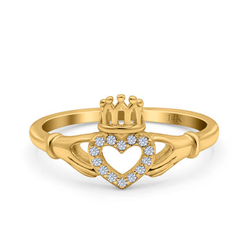 14K Yellow Gold Heart Claddagh Art Deco Wedding Ring Simulated Cubic Zirconia